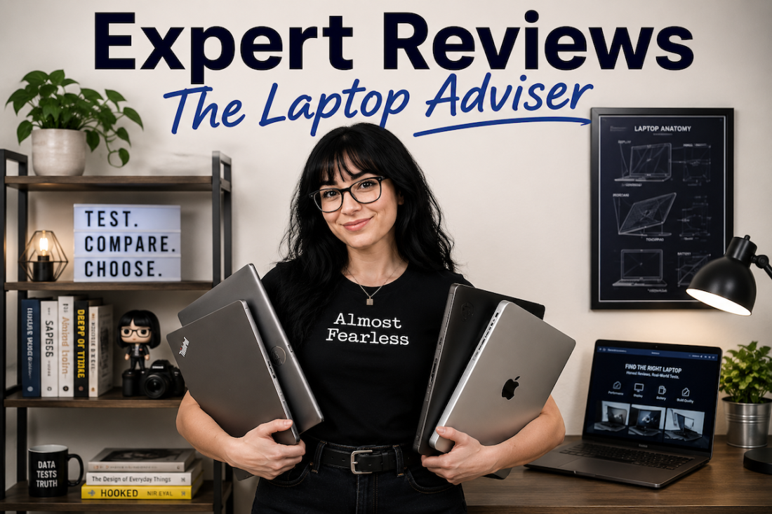 A woman in an Almost Fearless t-shirt holding four laptops in a home office
