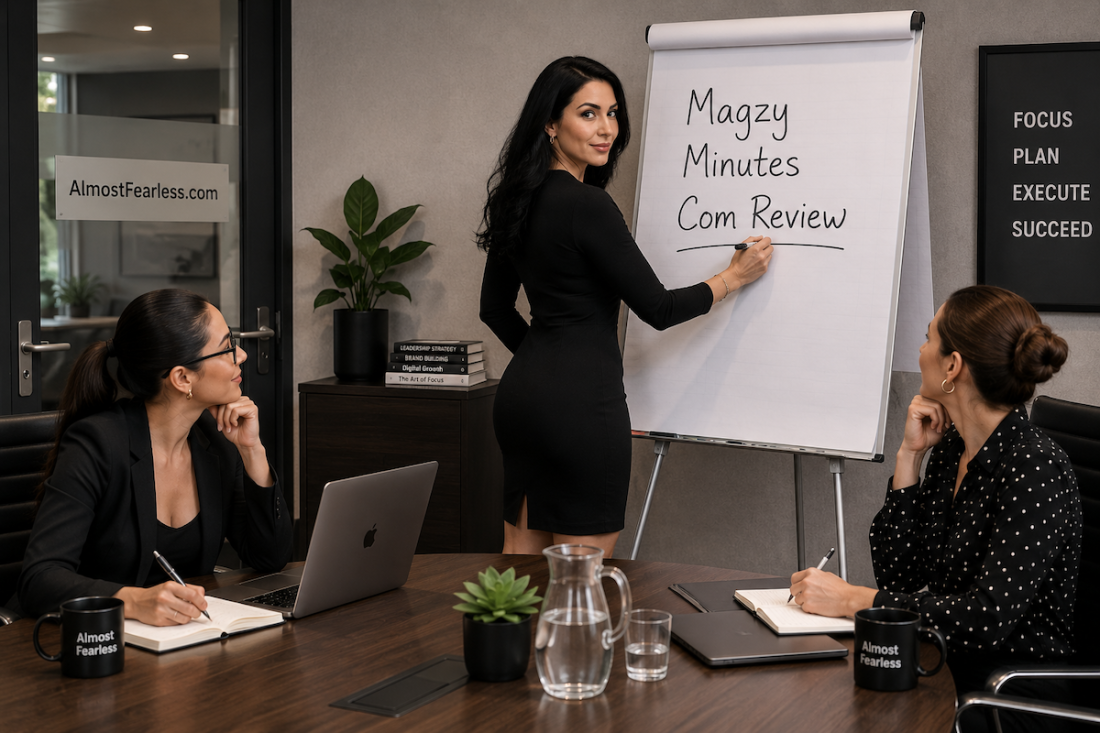 A woman presenting a MagzyMinutes review at a whiteboard in a meeting room