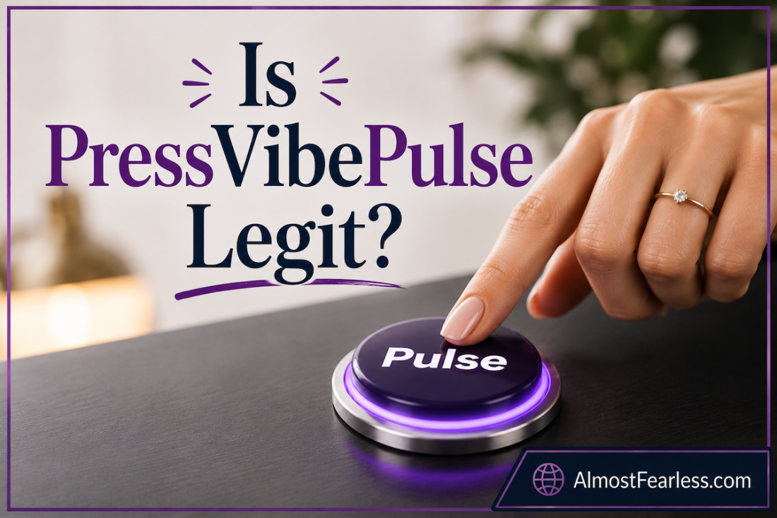 A finger pressing a glowing purple button marked Pulse beside the headline Is PressVibePulse Legit