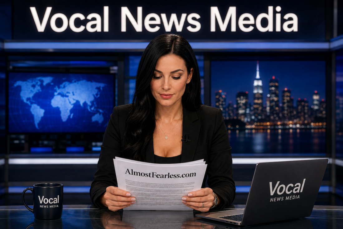 A news anchor at a Vocal News Media desk reading a script